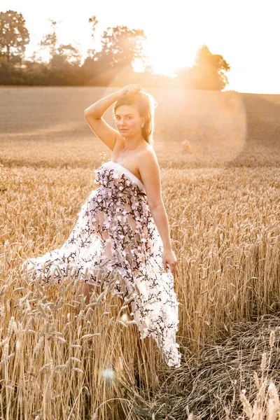Pregnant Woman Wheat Field Sunset Summer — Stock Photo, Image