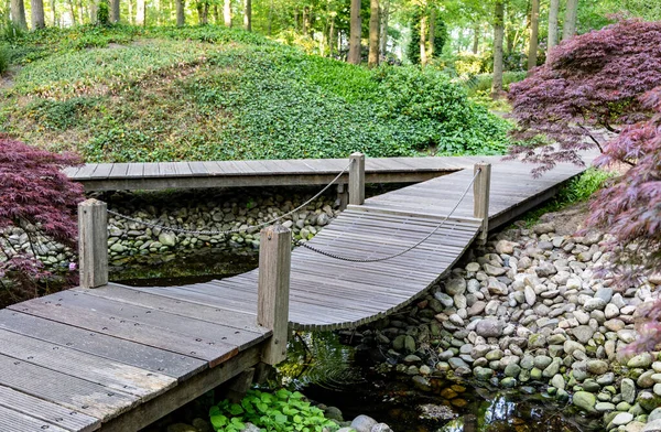 公園内の小川にかかる木製の橋 — ストック写真