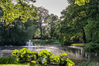 Büyük yeşil ağaçları, yeşil çimenleri ve çeşmeli göleti olan güzel bir park.