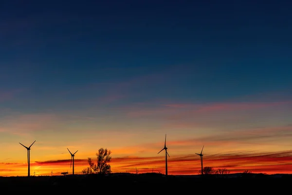 Прекрасний Захід Сонця Силуетами Вітрових Турбін Горизонті — стокове фото