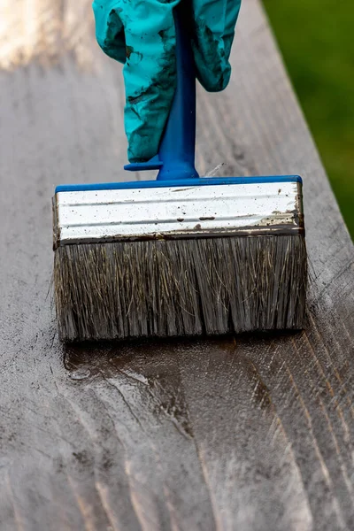 Priming Boards Painting Brush Outdoors Diy Home Improvement Concept — Stock Photo, Image
