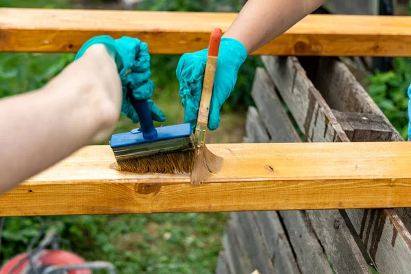 Priming Boards Painting Brush Outdoors Diy Home Improvement Concept — Stock Photo, Image