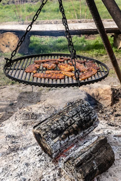 Grilled Juicy Sausage Bacon Cooked Campfire Outdoors Barbecue Grill — Stock Photo, Image