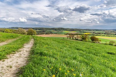 Yeşil çayırlar arasında toprak yolu olan güzel bahar manzarası, ufukta güzel bulutlar olan gökyüzü.