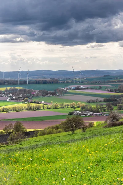 Prachtig Voorjaarslandschap Met Groene Weiden Windturbines Aan Horizon Verticaal Panorama — Stockfoto
