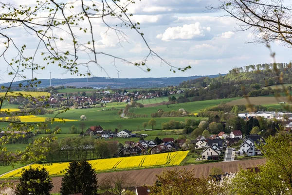 春天美丽的乡村风景 开花的菜地 冬小麦的绿地 白云的蓝天 德国北莱茵 威斯特法伦州的土地 — 图库照片