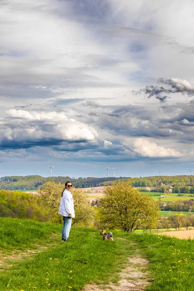 Woman Dog Walking Green Meadow Spring Beautiful Landscape — Stock Photo, Image