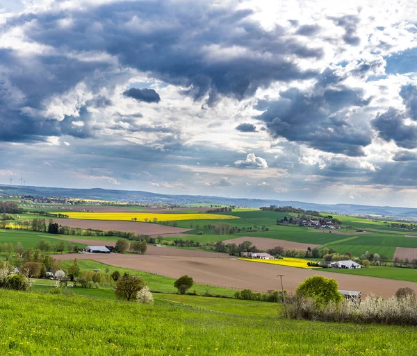 Piękny Wiosenny Krajobraz Zielonymi Łąkami Niebo Malowniczymi Chmurami Horyzoncie — Zdjęcie stockowe
