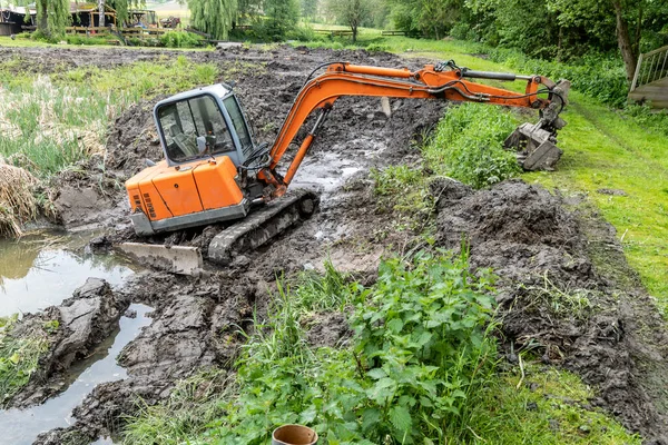 挖掘机清理布满芦苇的淤泥湖面 免版税图库照片