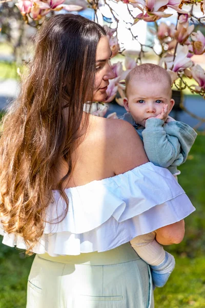 Woman Holds Her Son Her Arms Blooming Magnolia — Stock Photo, Image