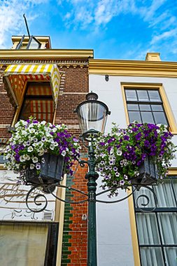 Çiçek saksıları, bir Avrupa şehrindeki evlerin arka planına karşı bir sokak lambası direğinde asılı.