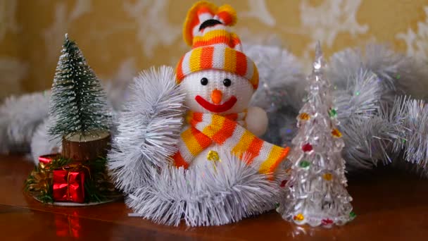 Giocattolo Pupazzo Neve Natale Primo Piano Albero Natale Decorato Con — Video Stock