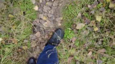 Siyah erkek ayakkabıları ve sonbahar yaprakları. Adam yaprakların üzerinde yürür. Bacaklar ve sonbahar yaprakları. Siyah ayakkabılar patika boyunca gider. Gezinti. Bacaklar. bağcıklar.
