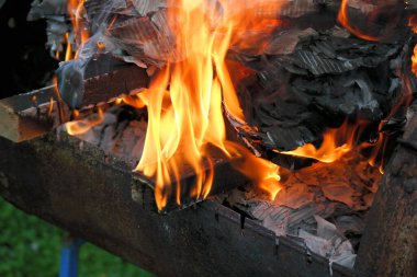 Yanan odun ve kağıt. Yakacak odun yanıyor. Ateş dilleri. turuncu alev. Şenlik. Odun ateşinde pişirme. Yakacak odun barbekü yapmak için yanıyor.