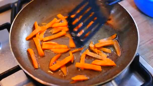 卷心菜碎纸机煮泡菜 用刀切卷心菜和胡萝卜 烤卷心菜的成分 附近是烤架和小木屋 桌上放着切菜的木板 — 图库视频影像