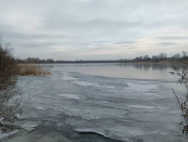 Nehirdeki buz. Donmuş nehir. Kışın nehirle birlikte doğal manzara. Kıyıda donmuş su ve dallarla kışın nehir kıyısında. Bulutlu hava. Kıyıda kar var ve alçak çalılar büyüyor..
