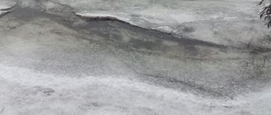 Nehirdeki buz. Donmuş nehir. Kışın nehirle birlikte doğal manzara. Kıyıda donmuş su ve dallarla kışın nehir kıyısında. Bulutlu hava. Kıyıda kar var ve alçak çalılar büyüyor..