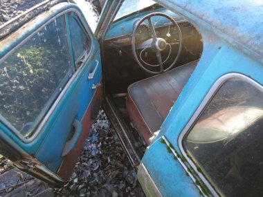 Sovyet eski model bozuk araba. Yeşil çimenlikteki kırık paslı arabaların sabit kamera görüntüleri. Kamera eski arabalarda hareket ediyor. Terk edilmiş, paslı, eski, boyalı bir araba.,