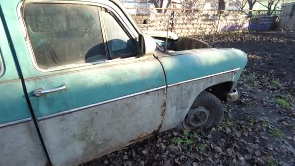 Soviet Retro Broken Car Steadycam Shot Broken Rusty Cars Green — Vídeos de Stock