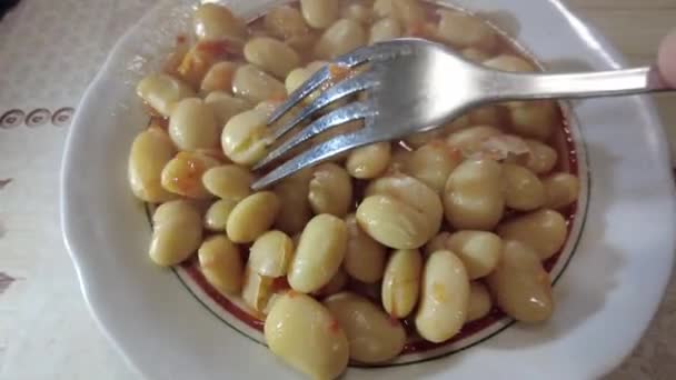 White Beans Bowl Beans White Phallus Tomato Sauce Boiled Beans — Stock Video