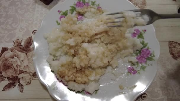Rice Porridge Plate Boiled Rice Man Eats Rice High Quality — Vídeo de stock