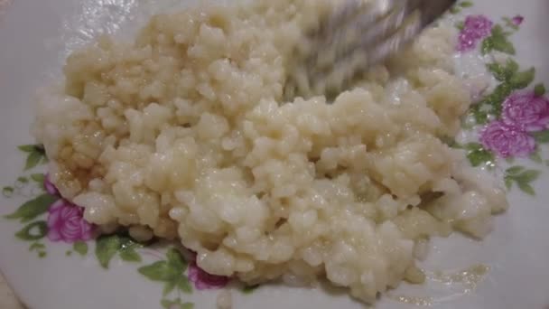 Rice Porridge Plate Boiled Rice Man Eats Rice High Quality — Vídeo de stock