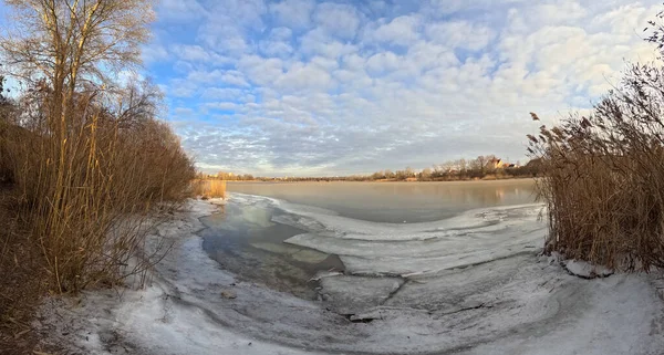 winter landscape. frozen river. natural landscape with river.Ukrainian landscape. Ukraine.