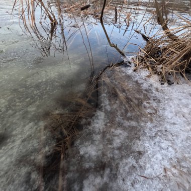 Donmuş su. Nehirdeki temiz buz. Nehir dibi ve buz. Buz ve karı eritir. İlkbahar buzu.