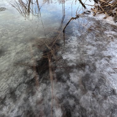 Donmuş su. Nehirdeki temiz buz. Nehir dibi ve buz. Buz ve karı eritir. İlkbahar buzu.