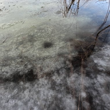 Donmuş su. Nehirdeki temiz buz. Nehir dibi ve buz. Buz ve karı eritir. İlkbahar buzu.