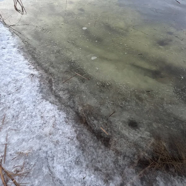 Donmuş su. Nehirdeki temiz buz. Nehir dibi ve buz. Buz ve karı eritir. İlkbahar buzu.