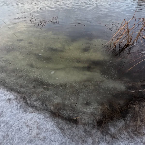 Donmuş su. Nehirdeki temiz buz. Nehir dibi ve buz. Buz ve karı eritir. İlkbahar buzu.