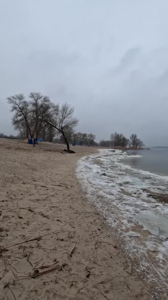 Cloudy Natural Landscape Winter Landscape River Empty Beach Winter Sand — Wideo stockowe