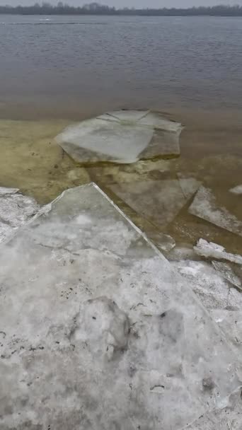 Blocks Ice Shore Big Ice Floes Sand Melting Ice Spring — Stock Video