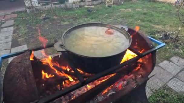 Pot Fire Kettle Fire Cooking Open Fire Tourist Pot Cooking — Stok Video