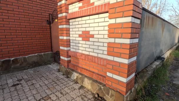 Brick Fence Gray Stone House Shutters Windows Brick Fence Covered — Stockvideo
