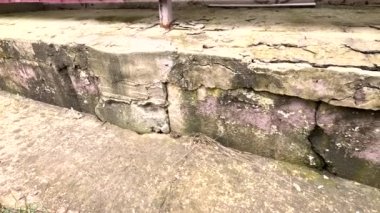 cracks in the foundation. destroyed foundation. Effect of an old tuff wall that is about to break to mean a concept. cracked collapsed wall. Crack in the Foundation of an old house