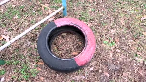 Old Tires Wheels Dug Ground Painted Tires Old Retro Kid — Stock Video