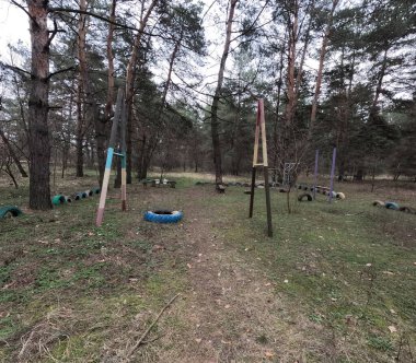 abandoned playground. Children's playground in the forest. Old Retro Kid's Playground With Rubber Tires In The Park. Surreal playground,abandoned swings in rural countryside. Ukraine.