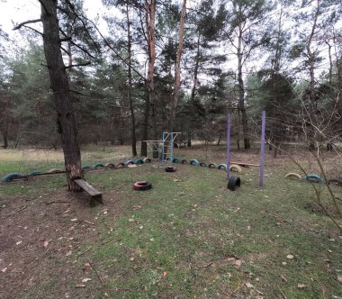 abandoned playground. Children's playground in the forest. Old Retro Kid's Playground With Rubber Tires In The Park. Surreal playground,abandoned swings in rural countryside. Ukraine.