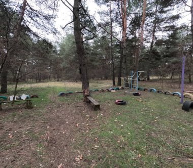 abandoned playground. Children's playground in the forest. Old Retro Kid's Playground With Rubber Tires In The Park. Surreal playground,abandoned swings in rural countryside. Ukraine.
