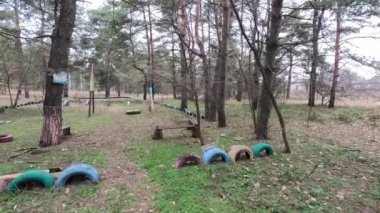 abandoned playground. Children's playground in the forest. Old Retro Kid's Playground With Rubber Tires In The Park. Surreal playground,abandoned swings in rural countryside. Ukraine.