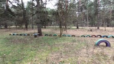 abandoned playground. Children's playground in the forest. Old Retro Kid's Playground With Rubber Tires In The Park. Surreal playground,abandoned swings in rural countryside. Ukraine.