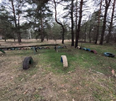 abandoned playground. Children's playground in the forest. Old Retro Kid's Playground With Rubber Tires In The Park. Surreal playground,abandoned swings in rural countryside. Ukraine.