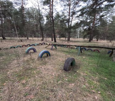 abandoned playground. Children's playground in the forest. Old Retro Kid's Playground With Rubber Tires In The Park. Surreal playground,abandoned swings in rural countryside. Ukraine.