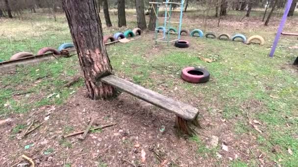 Abandoned Playground Children Playground Forest Old Retro Kid Playground Rubber — Vídeo de stock