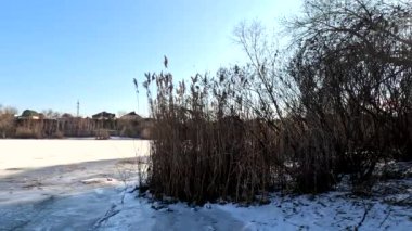 winter sunny landscape on the river bank. Beautiful scenic landscape view of a calm river flowing on a bright sunny clear blue sky. Dnieper river in winter. Ukrainian winter landscape. River bank and ice.