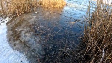 melting ice on the river. ice drift, ice floes float on the river in early spring, the river is opened from ice, snow melts. spring thaw. winter nature. frozen water. 