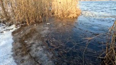 melting ice on the river. ice drift, ice floes float on the river in early spring, the river is opened from ice, snow melts. spring thaw. winter nature. frozen water. 