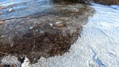 melting ice on the river. ice drift, ice floes float on the river in early spring, the river is opened from ice, snow melts. spring thaw. winter nature. frozen water. 